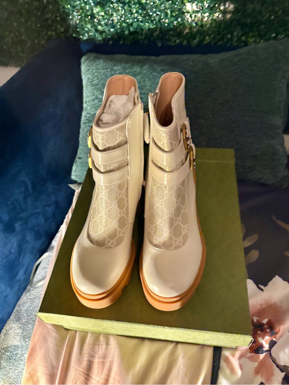 Gucci Cream Leather & GG Canvas Ankle Booties with Buckle